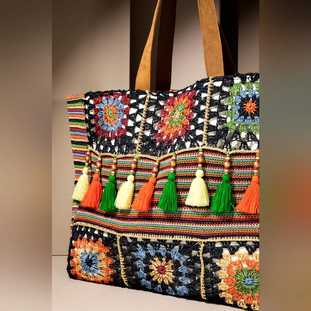 Vibrant Floral & Striped Hand Crocheted Shoulder Bag w/ Colorful Tassel Accents - Picture 7 of 11